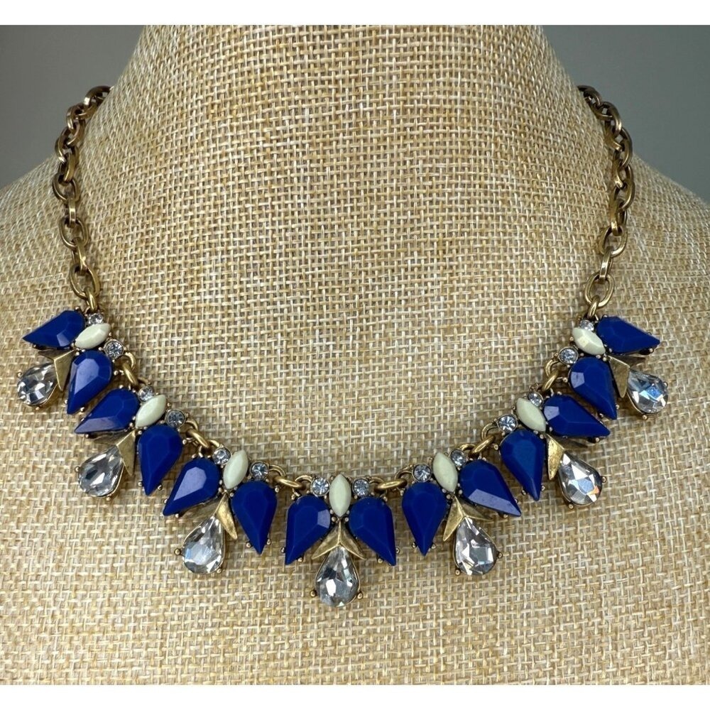 J.Crew Bib Necklace Royal Blue Gold Tone‎ Statement Crystal Geometric Preppy